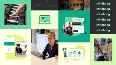 collage of different marketing placements and new green color palette