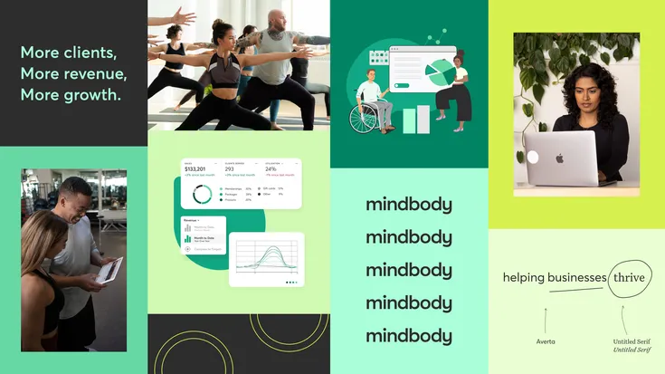 second collage of different marketing placements and new green color palette