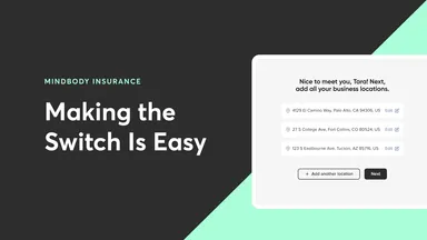 text-based graphic saying "Mindbody Insurance, Making the Switch is Easy" with an image of the interface to get a custom quote