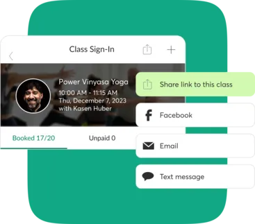 A collage showing social sharing on the Mindbody Business App