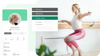 A collage showing Mindbody client management tools and a woman practicing barre