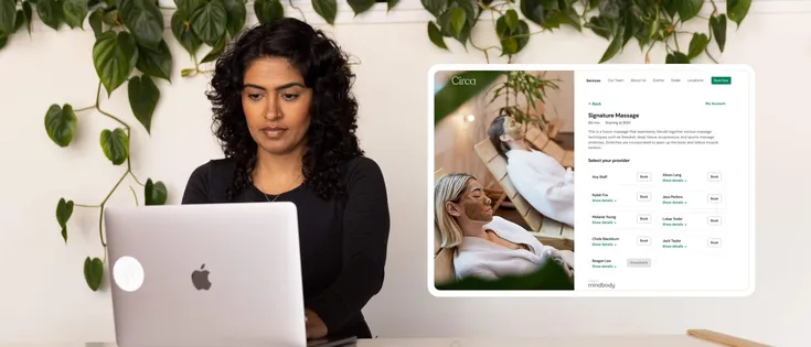 A collage showing a front desk staff member and Mindbody branded web booking widgets