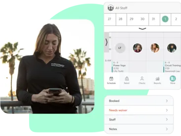 A collage demonstrating how easy it is to manage your athletic club using the Mindbody business app.