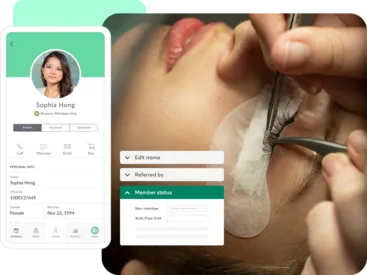 A collage showing Mindbody client tools for lash businesses