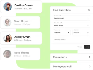 A collage showing staffing software for Pilates businesses