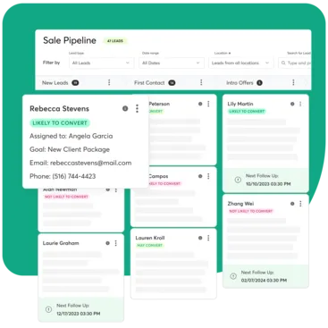 A screenshot demonstrating the lead management capabilities of Mindbody wellness business software.