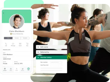 A collage showing Mindbody client tools for yoga businesses